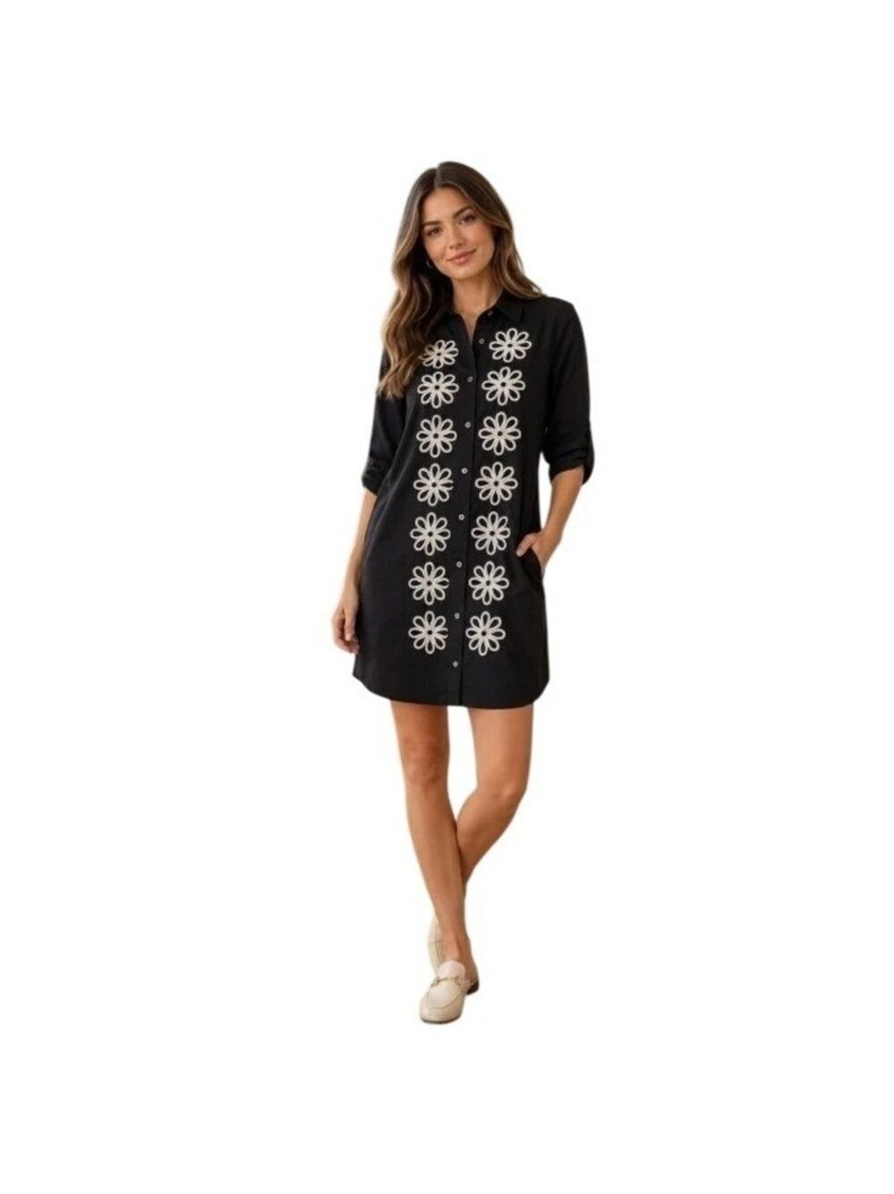 Karen Kane In The Garden Embroidered Roll Tab Long Sleeve Shirt Dress Sz M NWT
